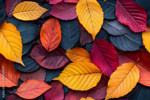 A collection of colorful autumn leaves in shades of red, orange, yellow, and dark blue, creating a vibrant seasonal pattern. 