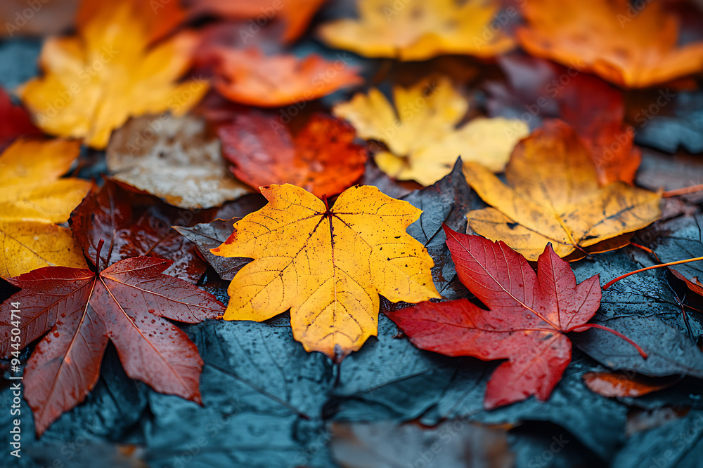 A collection of colorful autumn leaves in shades of red, orange, yellow, and dark blue, creating a vibrant seasonal pattern.

