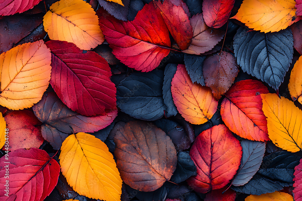 A collection of colorful autumn leaves in shades of red, orange, yellow, and dark blue, creating a vibrant seasonal pattern.
A collection of colorful autumn leaves in shades of red, orange, yellow, and dark blue, creating a vibrant seasonal pattern.