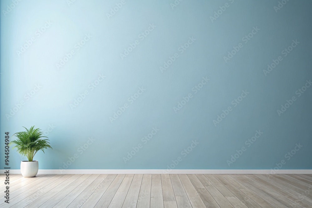 A serene interior featuring a light blue wall and a vibrant green plant set against polished wooden flooring in a minimalist room. Generative AI A serene interior featuring a light blue wall and a vibrant green plant set against polished wooden flooring in a minimalist room. Generative AI