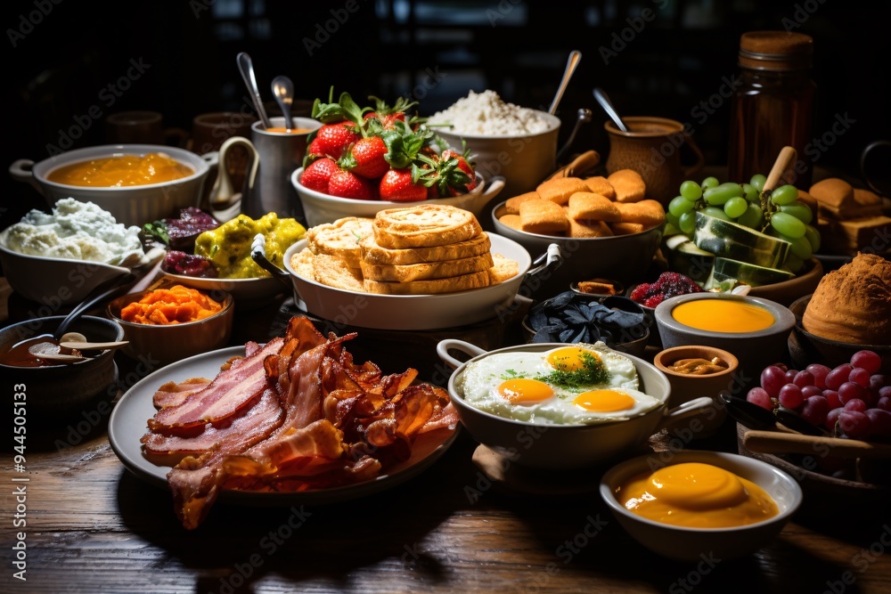 Brunch spread with a variet of dishes pastries. Village Breakfast with pastries, vegetables, greens, spreads, cheeses, fried eggs, jams.
Brunch spread with a variet of dishes pastries. Village Breakfast with pastries, vegetables, greens, spreads, cheeses, fried eggs, jams.