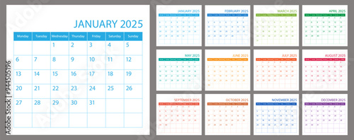Calendar planner 2025, schedule month calender, organizer template. Week starts on Monday. Business personal page. Modern simple vector illustration
