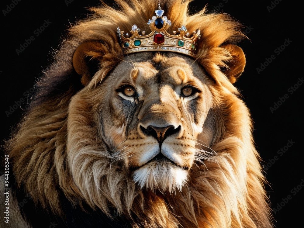 Naklejka premium A lion wearing a crown, symbolizing strength and royalty, is a powerful and spiritual work of concept art.