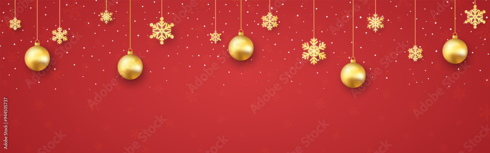 Christmas decoration. Festive 3d elements on red background. Bright garland with glowing snowflakes. Holiday border with Christmas balls. New Year banner template. Vector illustration. Christmas decoration. Festive 3d elements on red background. Bright garland with glowing snowflakes. Holiday border with Christmas balls. New Year banner template. Vector illustration.