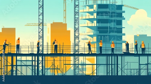 A team of construction workers securing steel beams on a scaffold at a building under construction