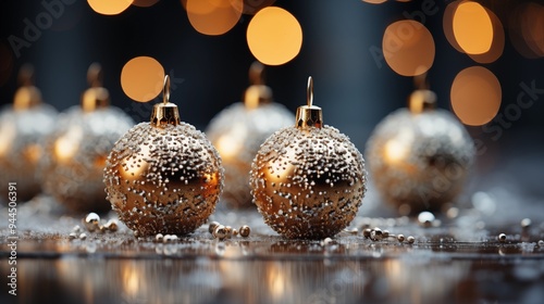 Festive Baubels with Snow and Golden Bokeh. Luxury Gold and Silver Christmas Background. photo