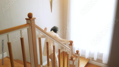 Asian senior woman fell down the stairs during suffering from heart attack. Elderly woman feeling pain on chest area and difficulty breathing. Emergency medical healthcare and health insurance concept