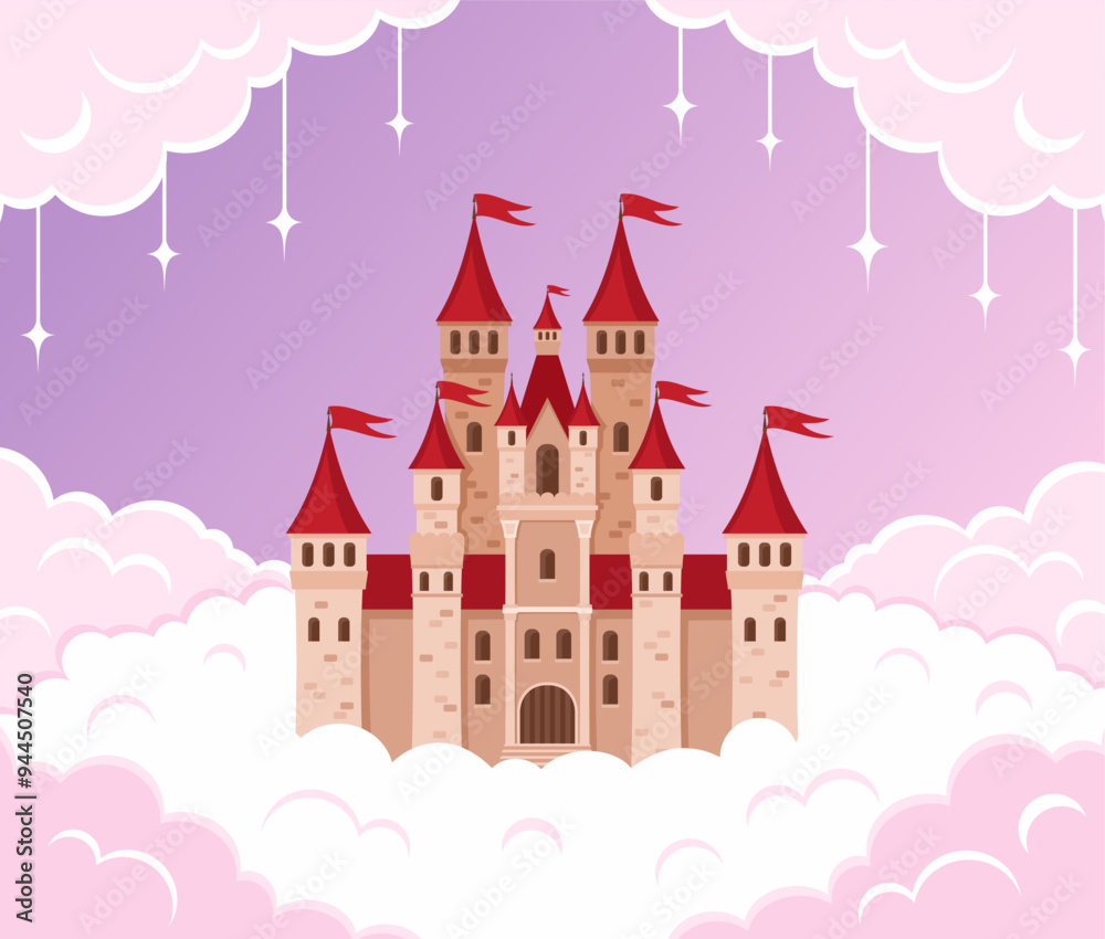 Castle in pink clouds. Flat vector illustration. Castle in pink clouds. Flat vector illustration.