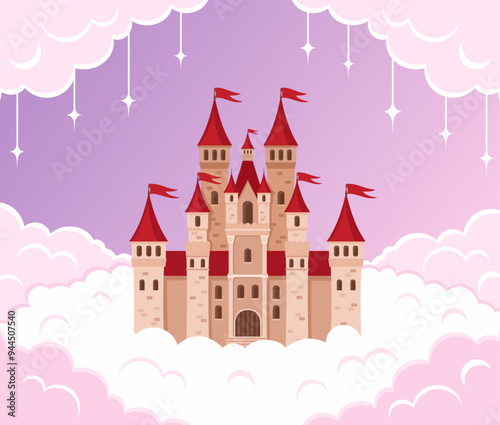 Castle in pink clouds. Flat vector illustration.