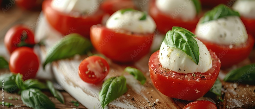 Fresh tomatoes stuffed with creamy cheese, topped with basil leaves and a drizzle of olive oil. Free copy space for banner.