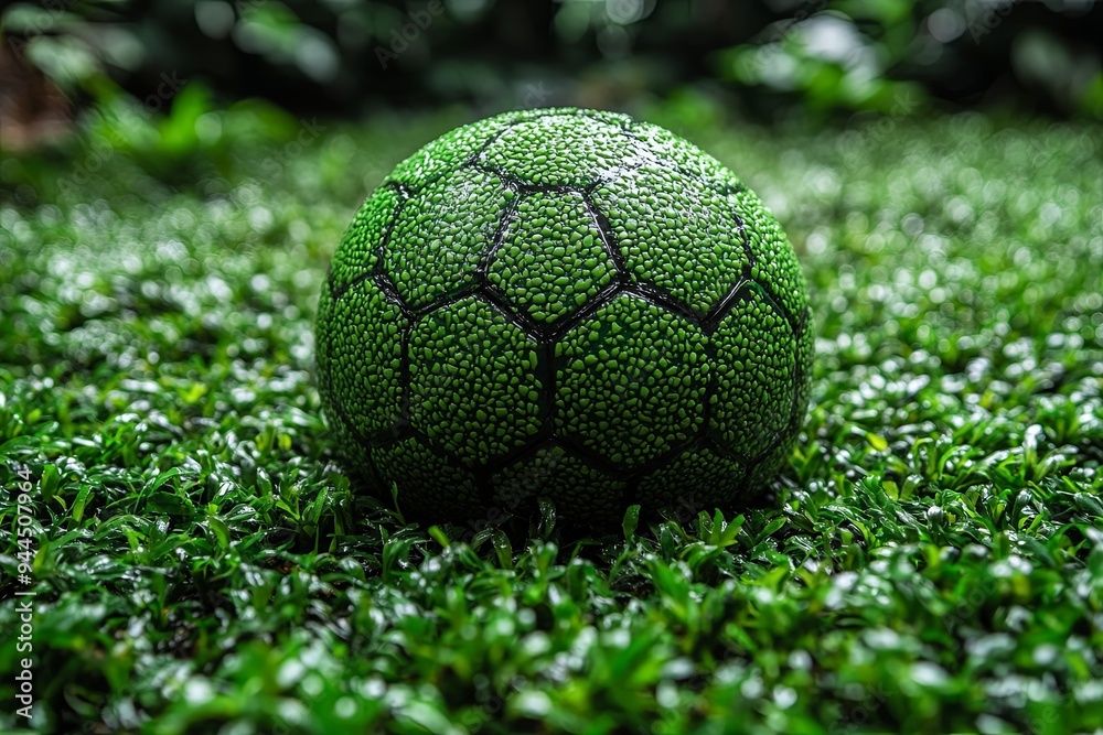 Fototapeta premium A vibrant green handball sits on green grass, glistening in the sunlight on a clear day. Generative AI