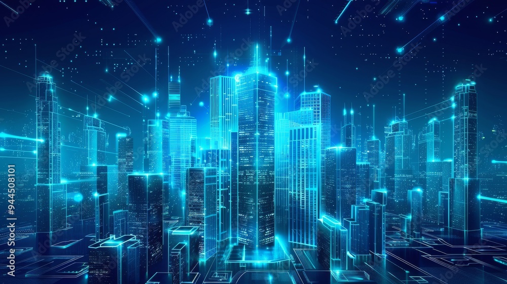 A futuristic cityscape with skyscrapers and digital data streams A futuristic cityscape with skyscrapers and digital data streams