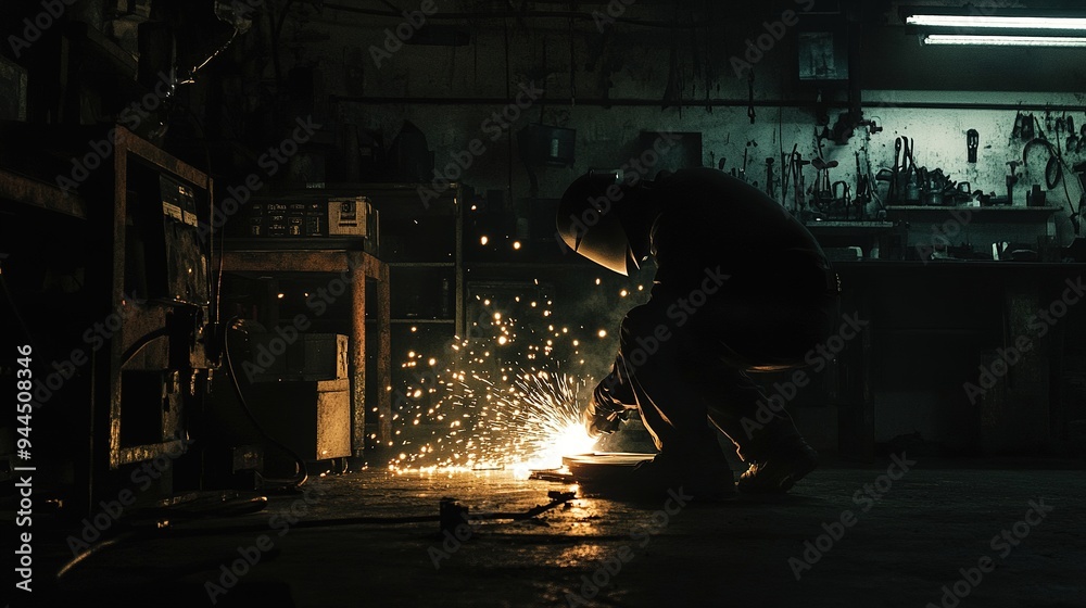 A welder in a dimly lit workshop welding a metal sheet with bright sparks illuminating the area A welder in a dimly lit workshop welding a metal sheet with bright sparks illuminating the area