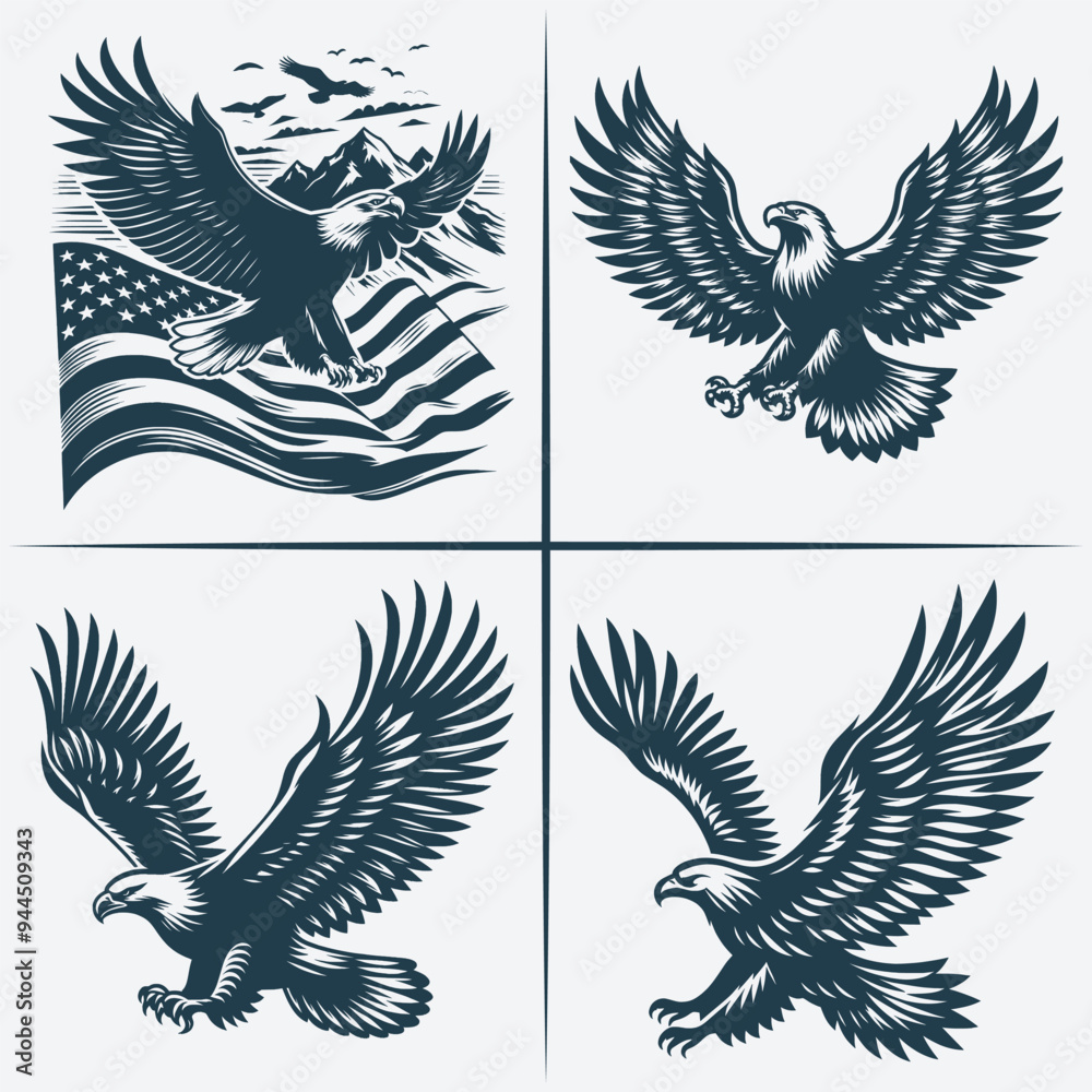 Obraz premium Eagle vector Bundle file ,Black and white Eagle silhouette file, Eagle svg vector silhouette Bundle file