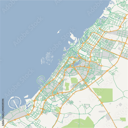 Road map of Dubai in United Arab Emirates. Contains layered vector with roads water, parks, etc.