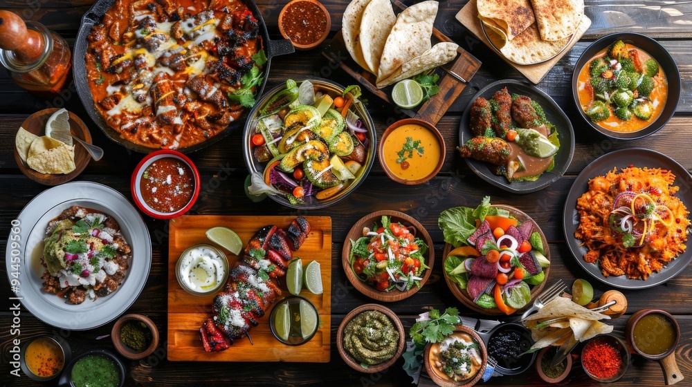 Fototapeta premium Mexican Food Platter with various dishes, sauces, and drinks.