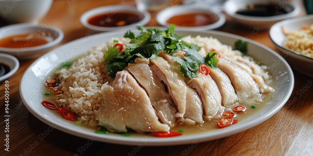 Hainanese Chicken Rice on the table Hainanese Chicken Rice on the table