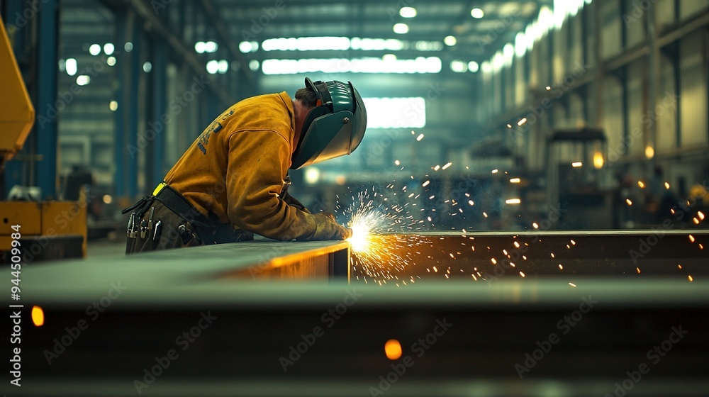 A welder in a large workshop welding a metal beam with bright sparks reflecting off the surfaces A welder in a large workshop welding a metal beam with bright sparks reflecting off the surfaces
