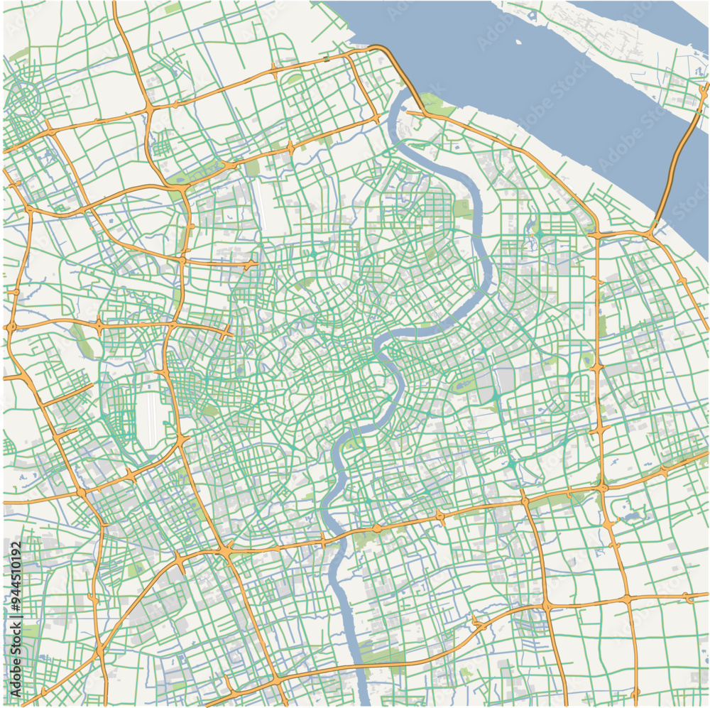 Fototapeta premium Road map of Shanghai in China. Contains layered vector with roads water, parks, etc.
