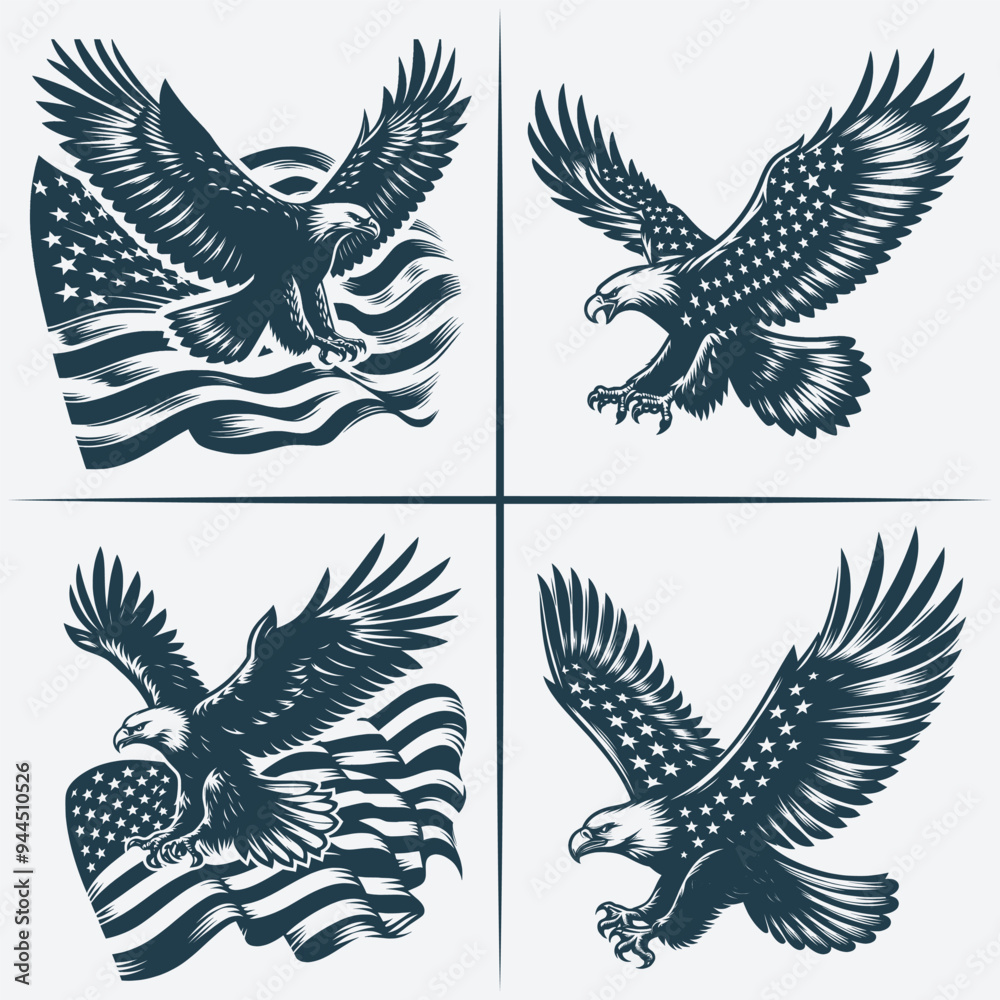 Obraz premium Eagle vector Bundle file ,Black and white Eagle silhouette file, Eagle svg vector silhouette Bundle file