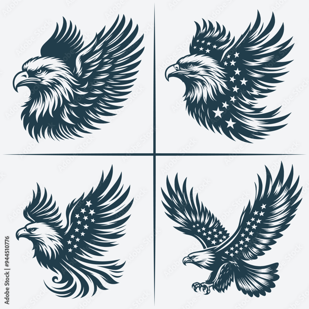 Fototapeta premium Eagle vector Bundle file ,Black and white Eagle silhouette file, Eagle svg vector silhouette Bundle file