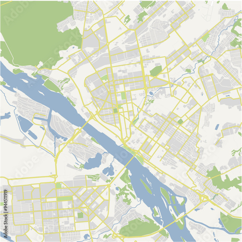 Road map of Novosibirsk in Russia. Contains layered vector with roads water, parks, etc.