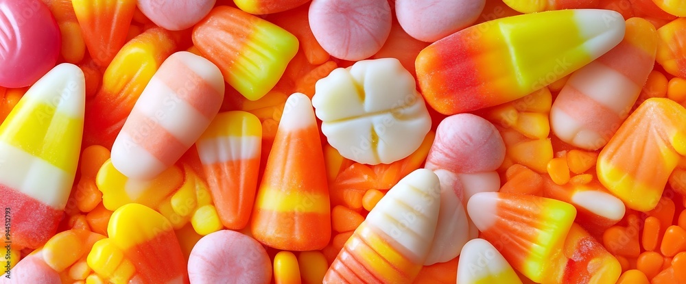 A close-up view of various colorful candies, including yellow, orange, red, white, and pink candies, with a focus on the candies in the center. A close-up view of various colorful candies, including yellow, orange, red, white, and pink candies, with a focus on the candies in the center.