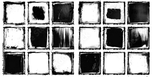 Set brush strokes frame with black grunge square borders for images. Collection of black grunge ink sketch frames. Rough textures on white background