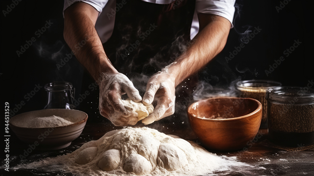 Fototapeta premium Hands skillfully knead dough, surrounded by bowls of flour and grains, creating an atmosphere of warmth and culinary passion in a charming kitchen.