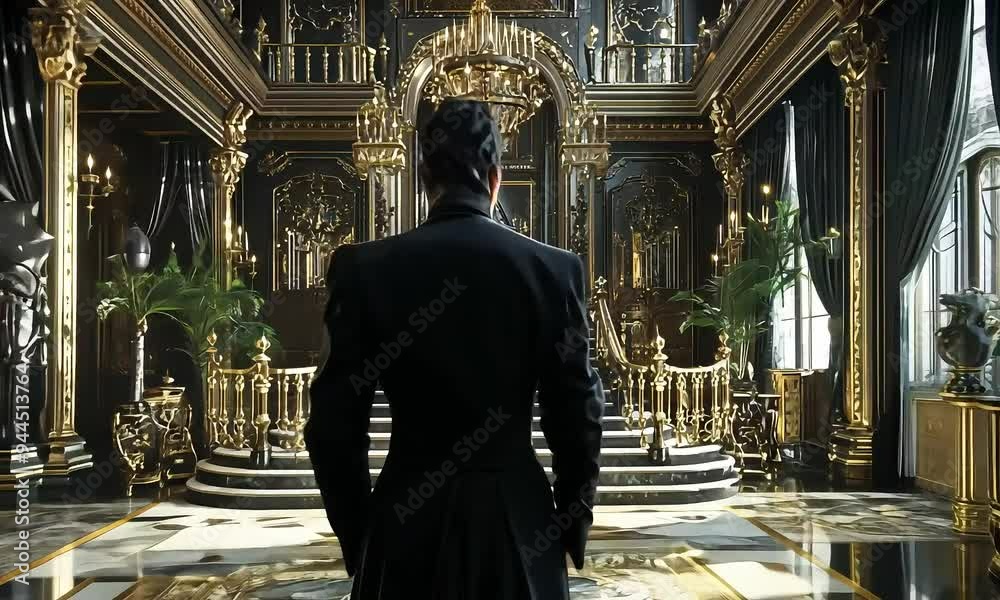 Man in Luxurious Grand Hall with Golden Staircase with ai generated.
Man in Luxurious Grand Hall with Golden Staircase with ai generated.