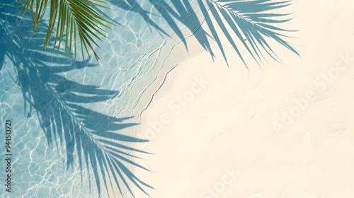 Tranquil beach scene with palm shadows cast on calm turquoise waters.