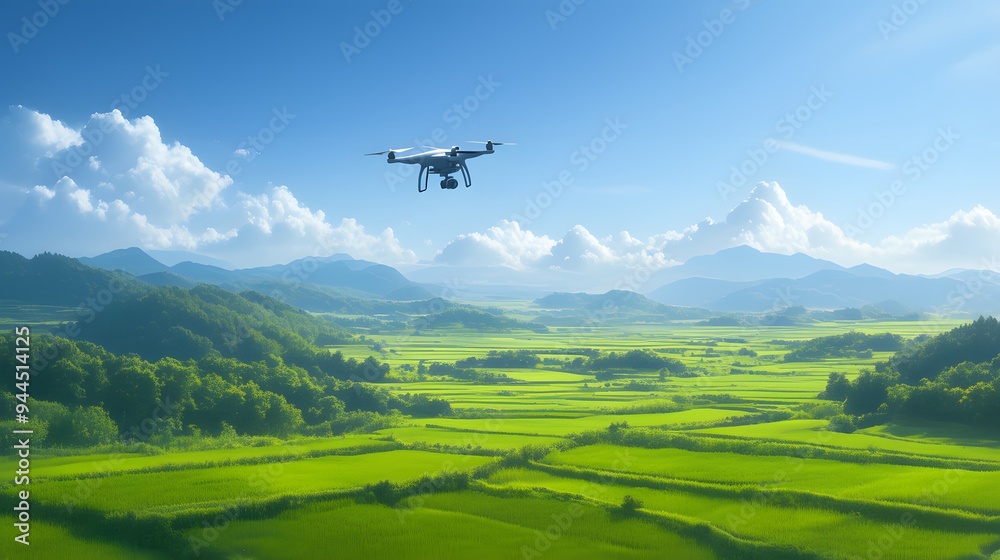 A drone surveying vibrant green fields under a blue sky with fluffy clouds. A drone surveying vibrant green fields under a blue sky with fluffy clouds.