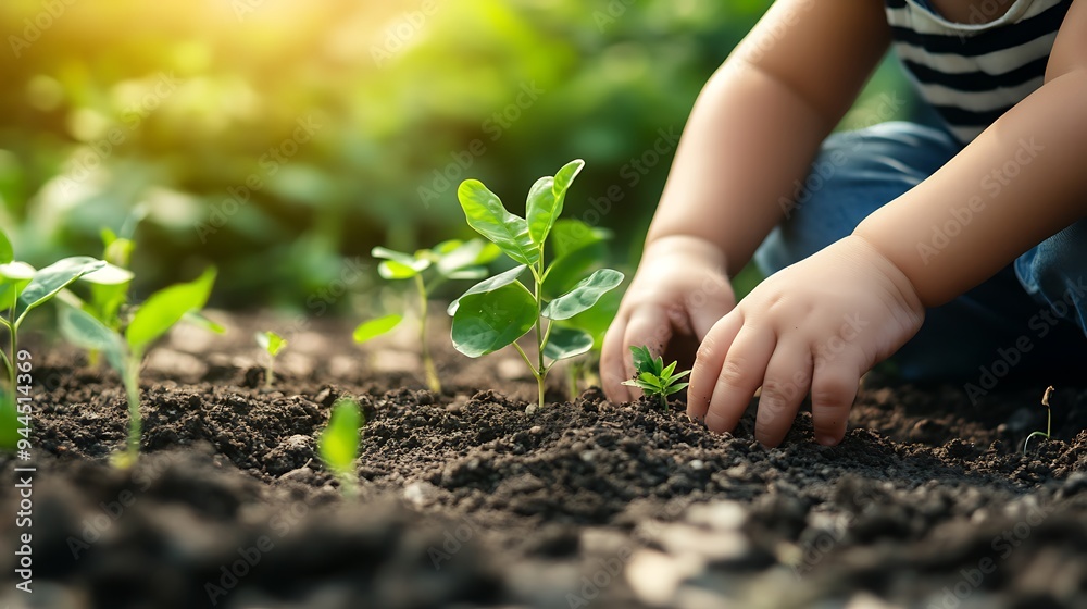 Child's hands gently touching a small green plant growing in rich brown soil. Child's hands gently touching a small green plant growing in rich brown soil.