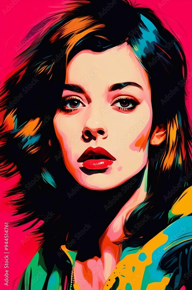 Fototapeta premium Painting of a woman with colorful hair and a colorful face. Portrait of a beautiful young woman with colorful hair. Rainbow image girl. Vibrant CMYK Illustration. Poster print