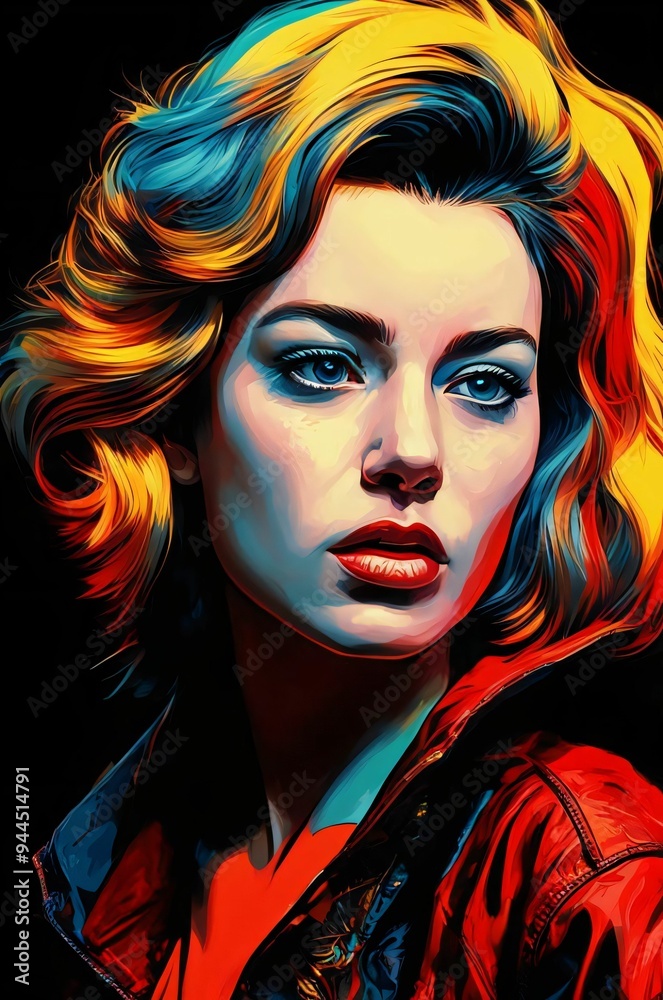 Fototapeta premium Painting of a woman with colorful hair and a colorful face. Portrait of a beautiful young woman with colorful hair. Rainbow image girl. Vibrant CMYK Illustration. Poster print