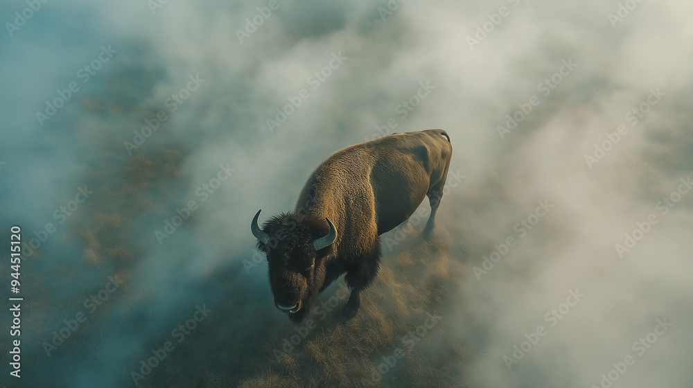 Obraz premium Bison from Above in a Wide-Angle View with Early Morning Fog, Capturing Detailed Features and Atmospheric Setting