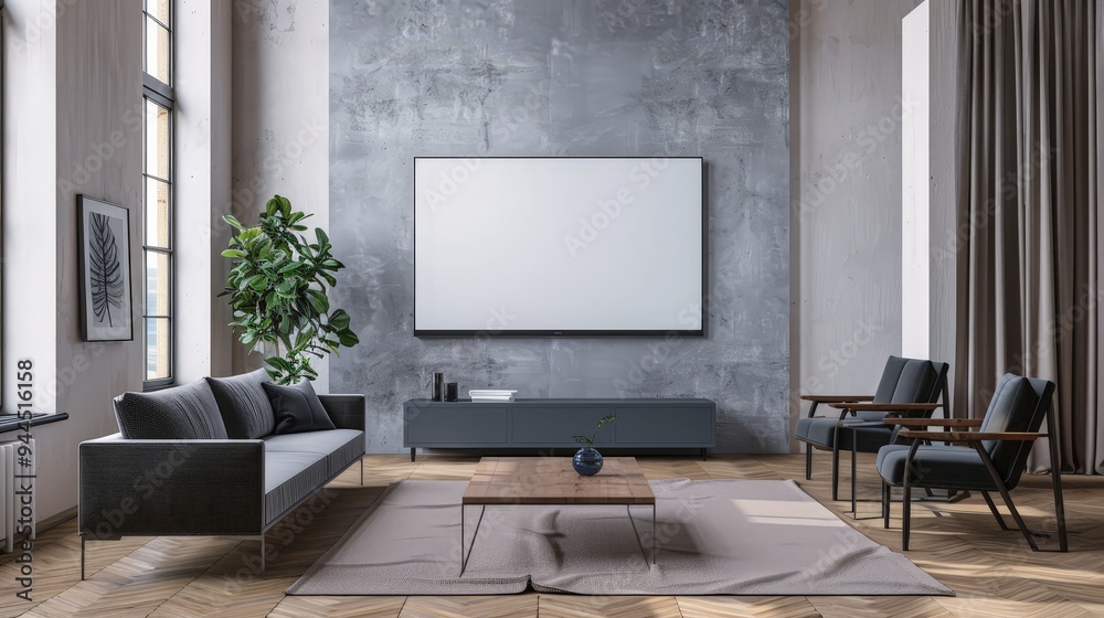 Modern living room with large blank canvas. Modern living room with large blank canvas.