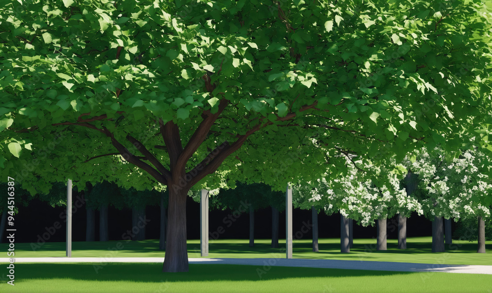 A large tree stands tall in a park on a sunny day, casting shade on the lush green grass below A large tree stands tall in a park on a sunny day, casting shade on the lush green grass below