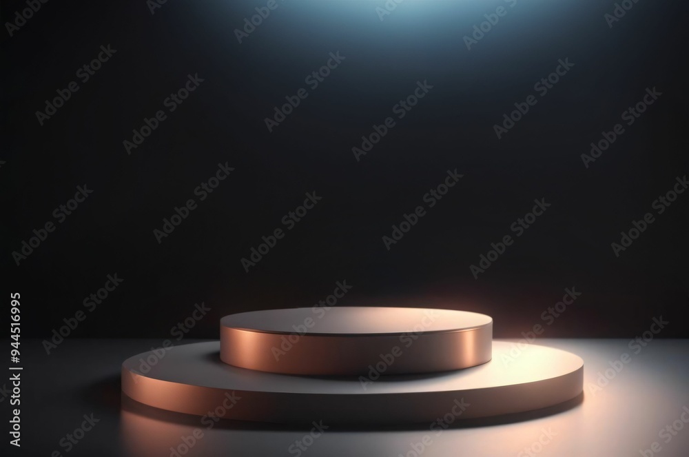 Empty round black and gold platform podium on black background. Minimal creative composition background for cosmetics or products presentation. Cylinder podium on black background. Mock up