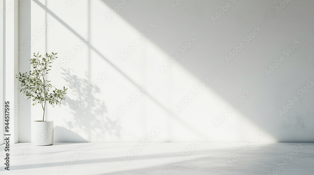 Obraz premium Sunlight streaming through large windows onto a minimalistic interior with a potted plant during the day