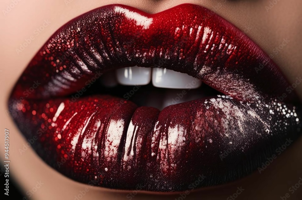Obraz premium Red lips isolated on a plain background, luxury glamor art, mouth cut, red lips. Red makeup. Colorful sexy lips, red art. High fashion glamor and beauty trend