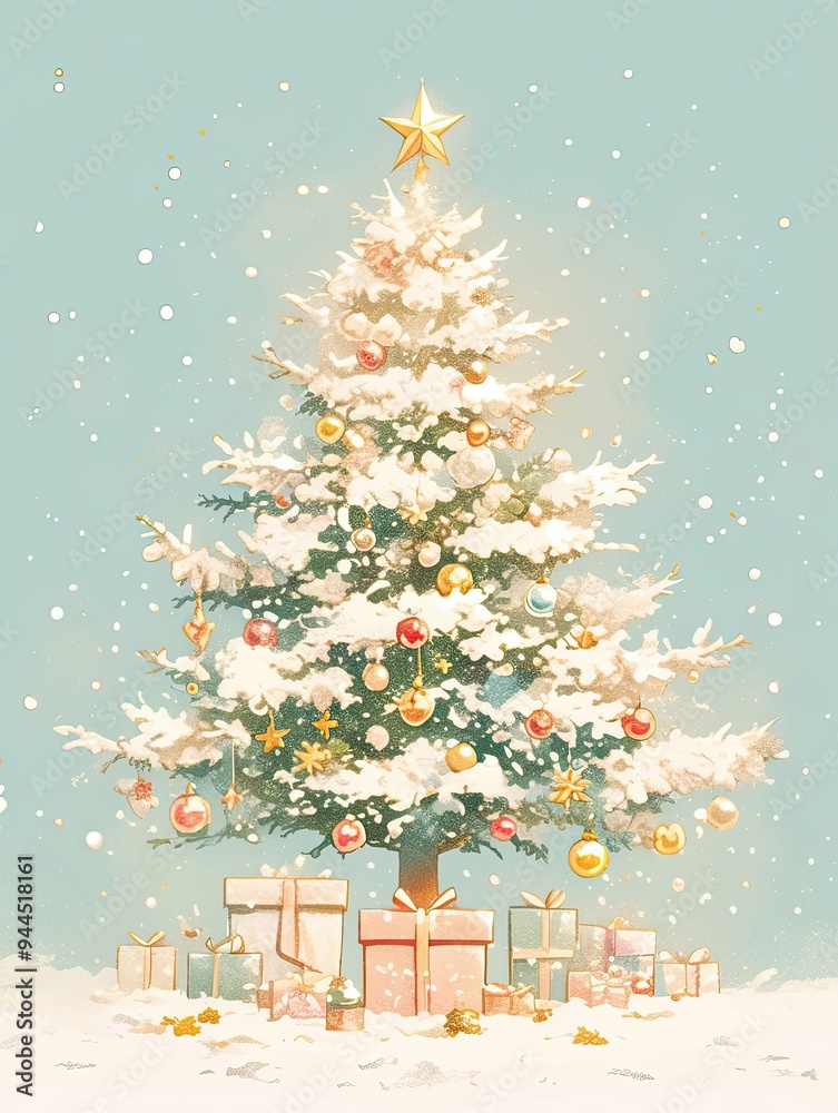 Fototapeta premium Christmas Charm: A Tree Covered in Snow and Decked with Candles and Red Balls, Stunning Scene on a Light Background