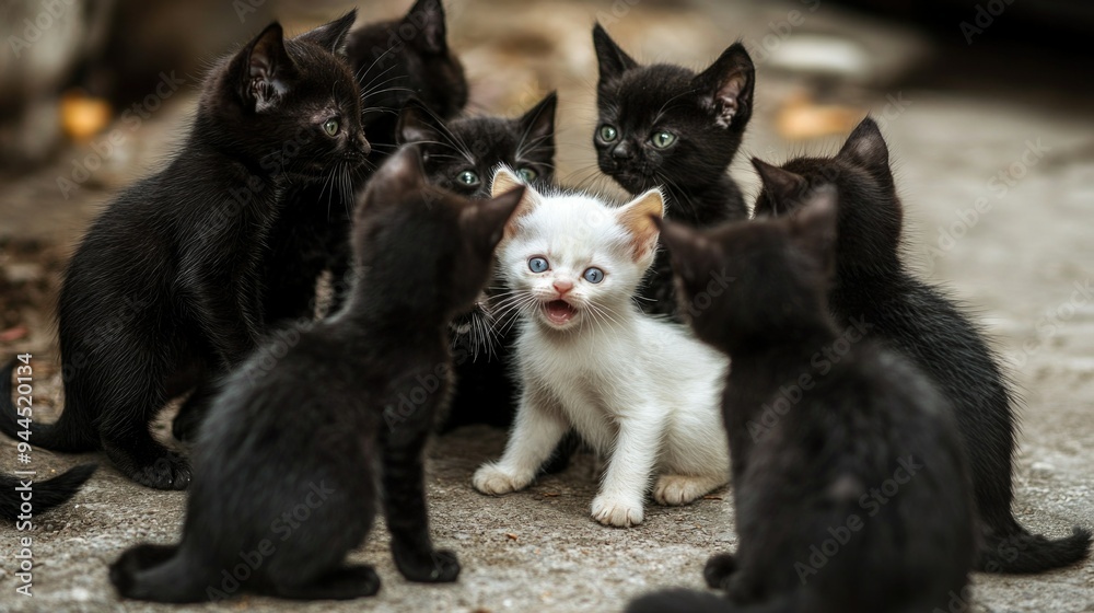 A white kitten in the center of a circle of black kittens. The concept of discrimination, race, loneliness, isolation, contradiction and exclusion in a minimalist style. A white kitten in the center of a circle of black kittens. The concept of discrimination, race, loneliness, isolation, contradiction and exclusion in a minimalist style.