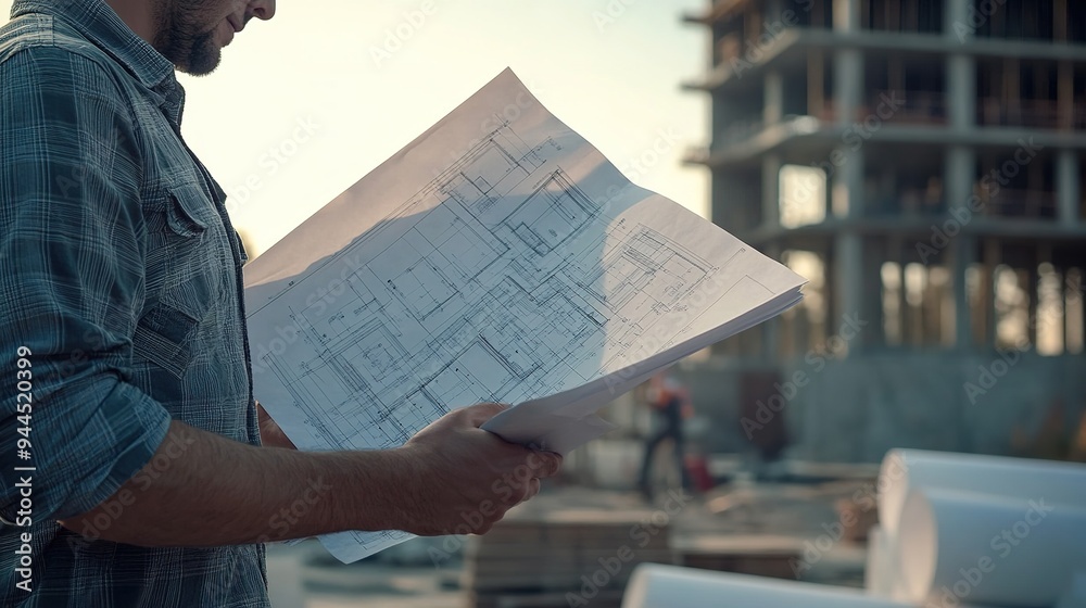 Close-up of a site supervisor studying blueprints with a construction site in the background Close-up of a site supervisor studying blueprints with a construction site in the background