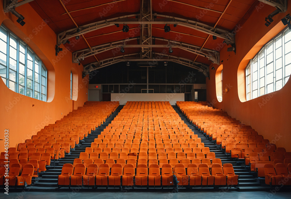 Naklejka premium Empty Auditorium with Orange Seats and a Stage