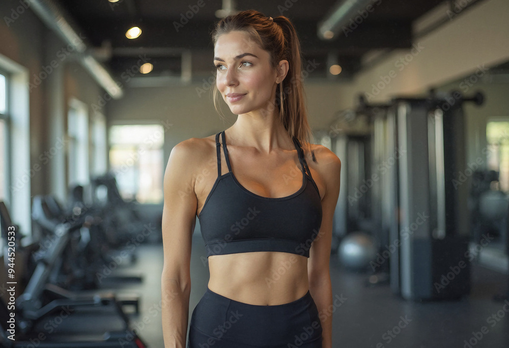Fototapeta premium Woman in Black Sports Bra and Leggings Standing in a Gym