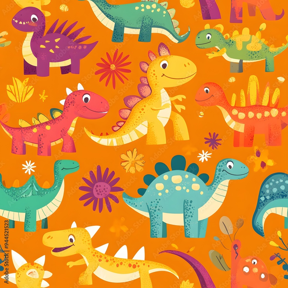 93. **Generate a seamless pattern of playful, cartoonish dinosaurs in bright, cheerful colors.** 93. **Generate a seamless pattern of playful, cartoonish dinosaurs in bright, cheerful colors.**