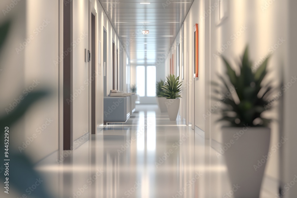 Modern Office Corridor with Plants and Bright Lighting Modern Office Corridor with Plants and Bright Lighting