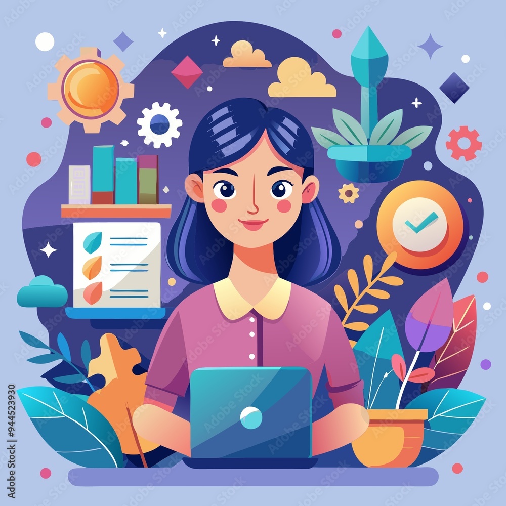 Infographic and Presentation Icon - Dreamy Young Woman with Laptop. Infographic and Presentation Icon - Dreamy Young Woman with Laptop.