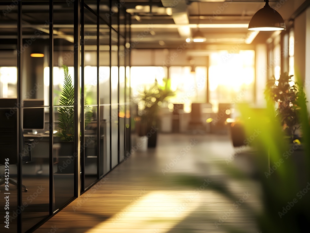 Fototapeta premium Modern Office Interior with Sunlight Streaming Through Windows